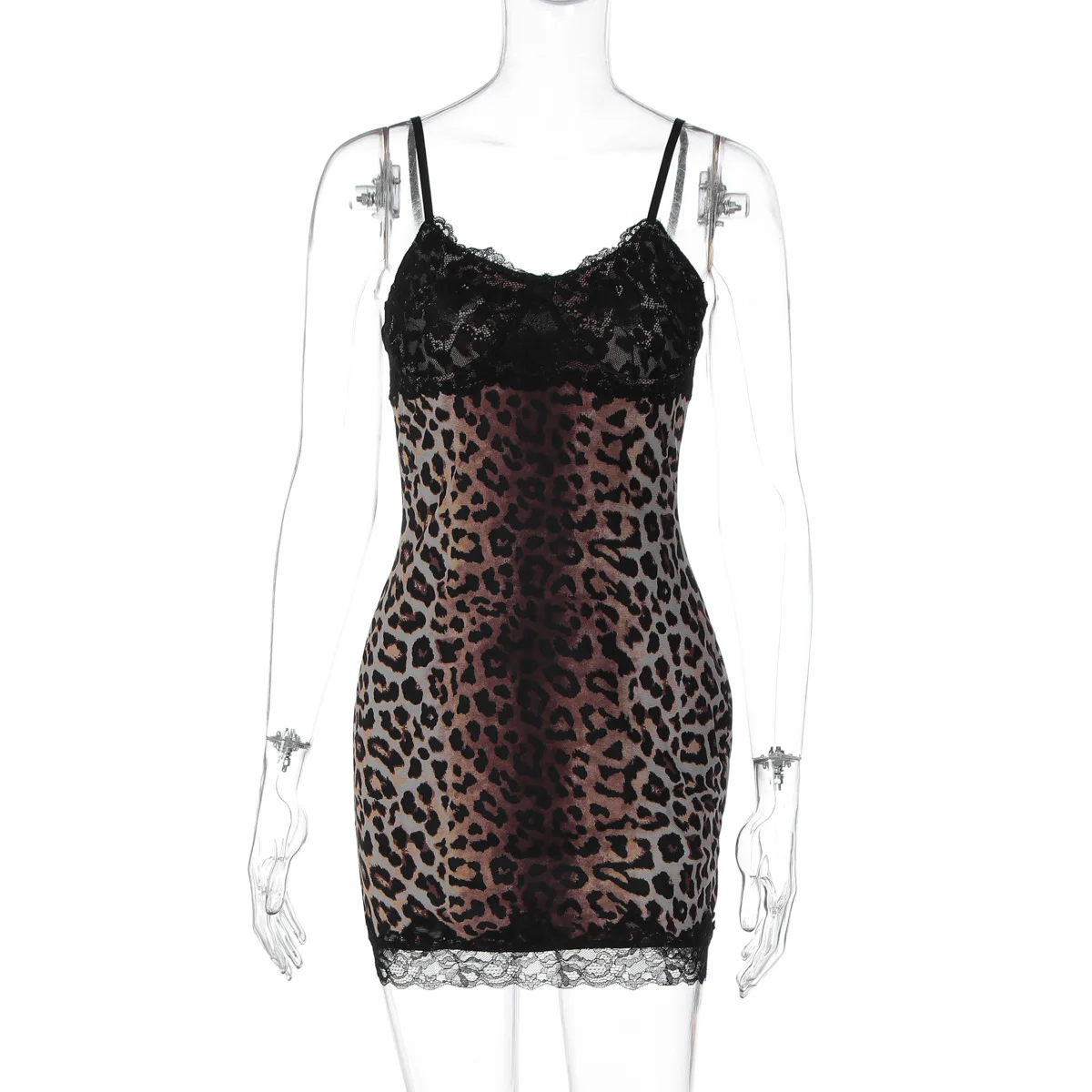 Mini abito a canotta con stampa leopardata patchwork in pizzo da donna Sexy senza spalline senza maniche aderente senza schienale Party Night Clubwear