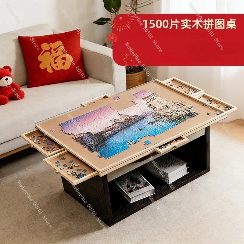 Rotating Puzzle Table with 360° Spin, Wooden 6-drawer Storage, Parent-child Game Table, Educational Toy Table, Multi-functional
