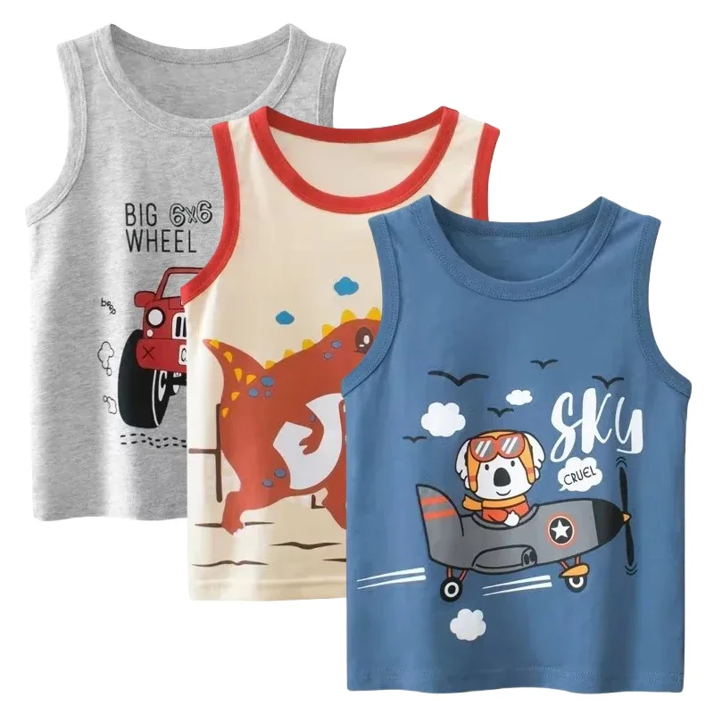 Boys Cartoon Bear Vest 2025 Summer New Sleeveless Tees Shirts Aircraft Tops Children's Clothing Cotton Kids Outfit 2-10Y