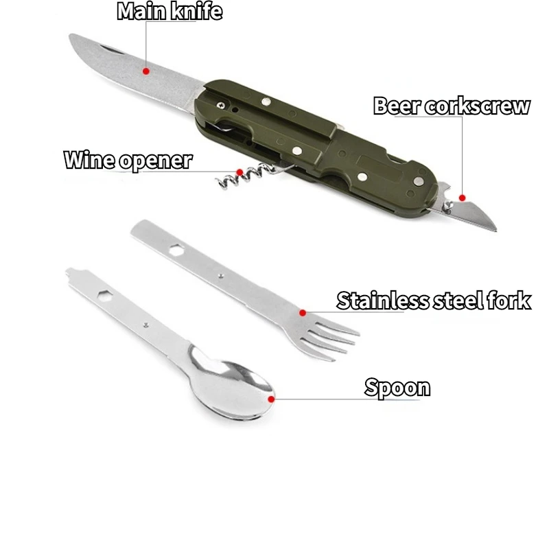 Army Green Folding Portable Stainless Steel Camping Picnic Cutlery Knife Fork Spoon Bottle Opener Flatware Tableware Travel Kit