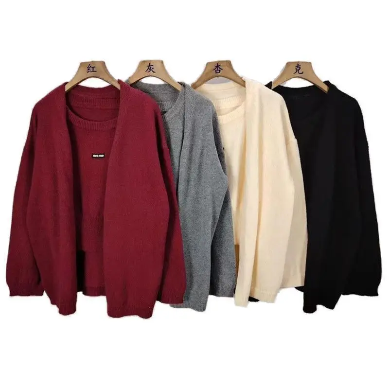 طقم سترة صوفية محبوكة للخريف والشتاء مكون من قطعتين، سترة محبوكة راقية للخريف والشتاء، محبوكة كسول وأنيقة