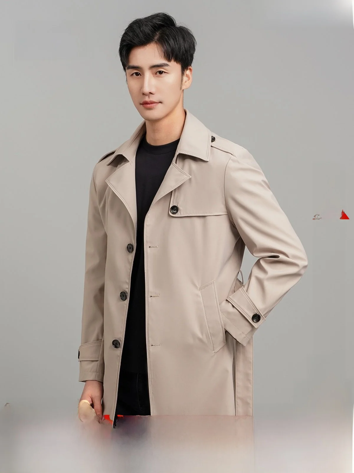 

Khaki Men's Jaet Coat Casual Mid-Length Turn-down Collar Busin Casual Briti Sle Spring Autumn New Arrival Snow Flng