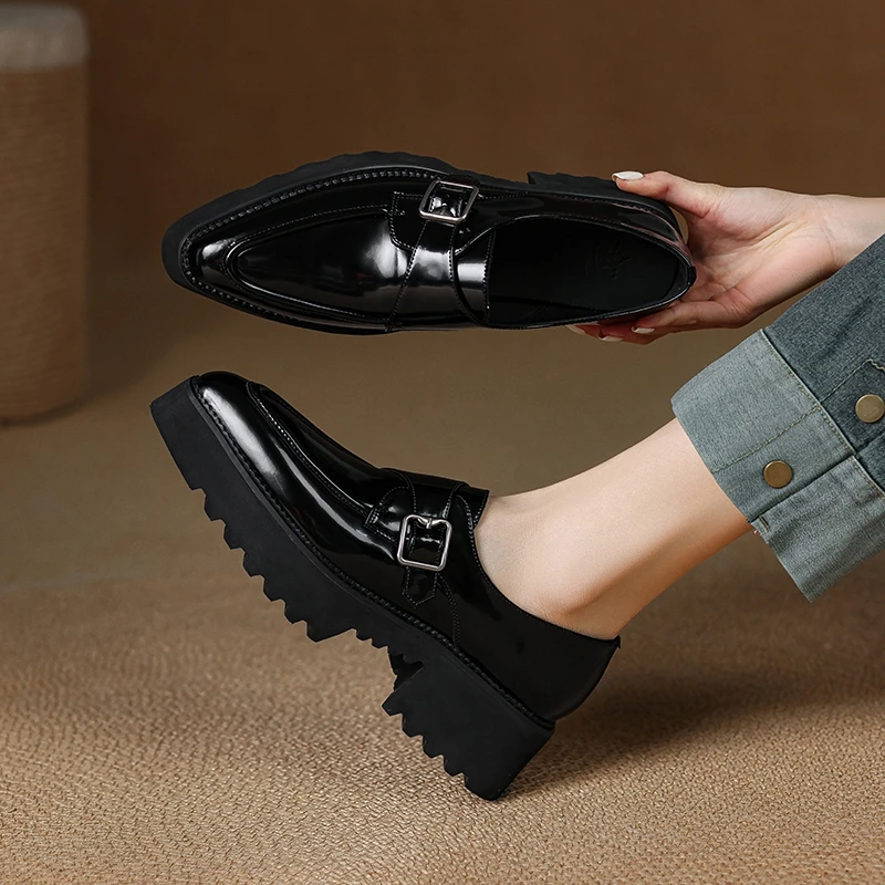 

Women's new leather, cowhide, pointed metal belt buckle, thick sole, waterproof platform, single shoe, loafers, high heels