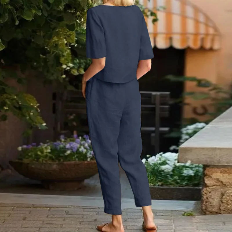 Women\'s Cotton Linen Suit Summer Matching Suit Half-sleeved Round Neck Tie Elastic Waist Trousers Wide-leg Pants Retro Suit