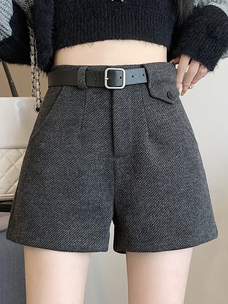 Autumn Winter New High-Waisted Thick Shorts Korean Style Women Slimming A-Line Tapered Pants with Boots Woolen Shorts