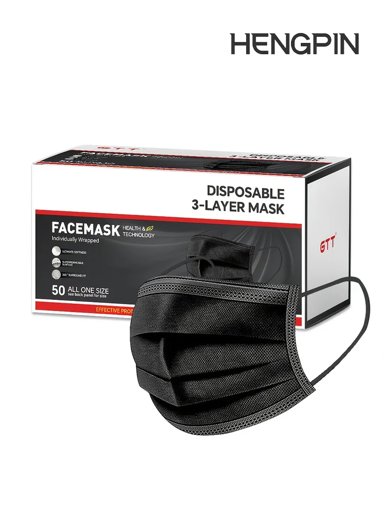 HENGPIN 100/200 قطعة قناع وجه أسود للاستعمال مرة واحدة من الدرجة الطبية حماية من 3 طبقات للبالغين من الرجال والنساء