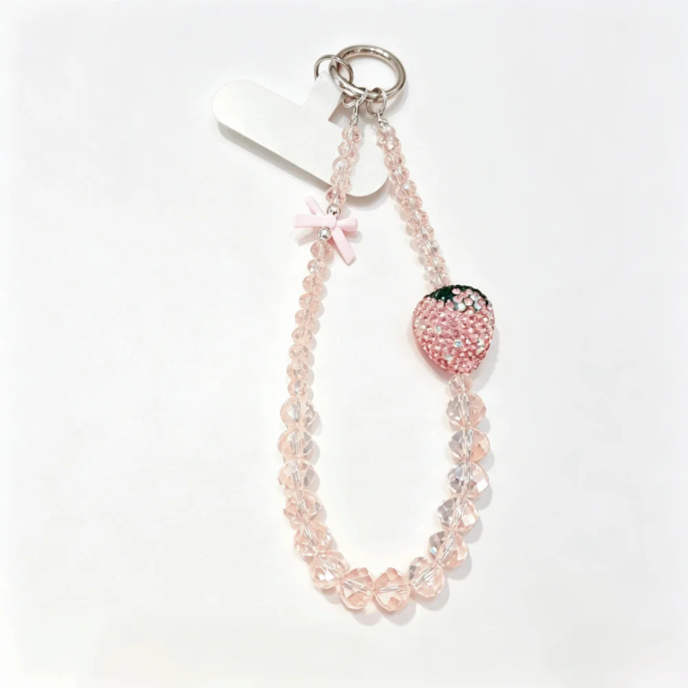 Bling Mobile Phone Chain Luxury Pink Strawberry Beaded Phone Bracelet Rhinestone Strawberry Handcrafted Phone Lanyard Gift Girl