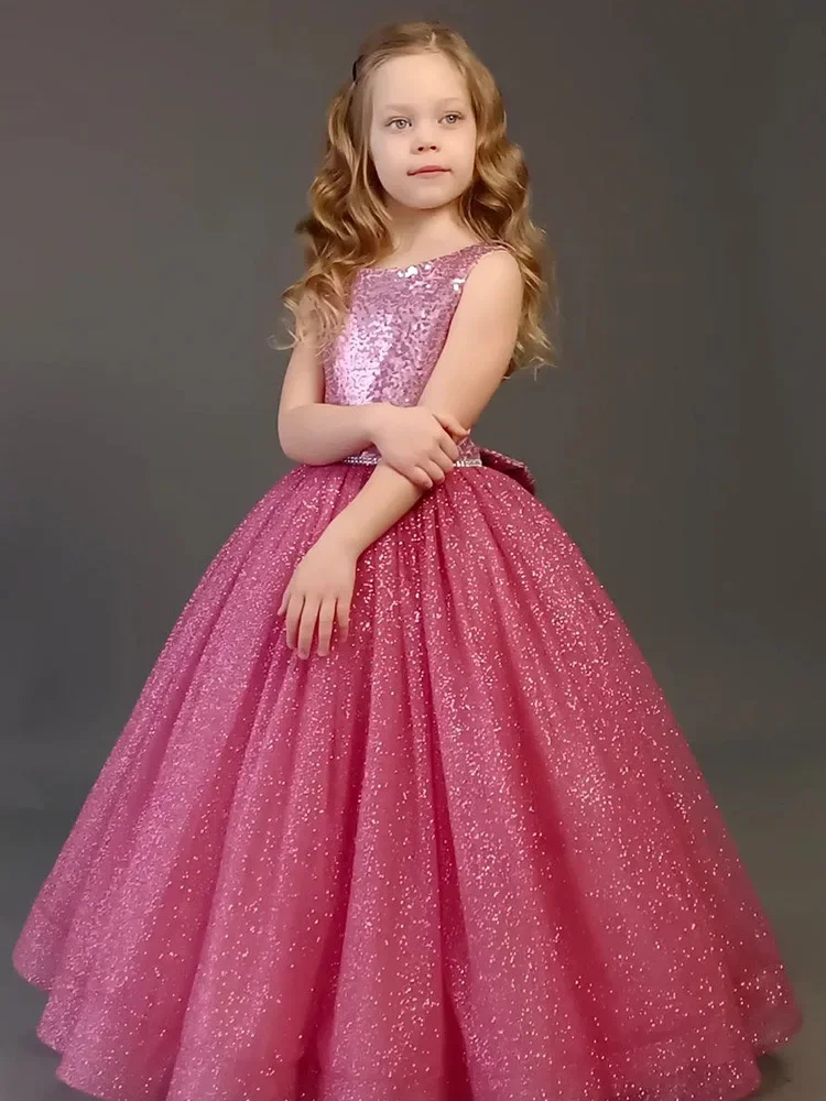 Elegant Girls Party Dress Sequined Pink Lace Princess Birthday Prom Long Gown Kids Performance Wedding Formal Evening Costumes