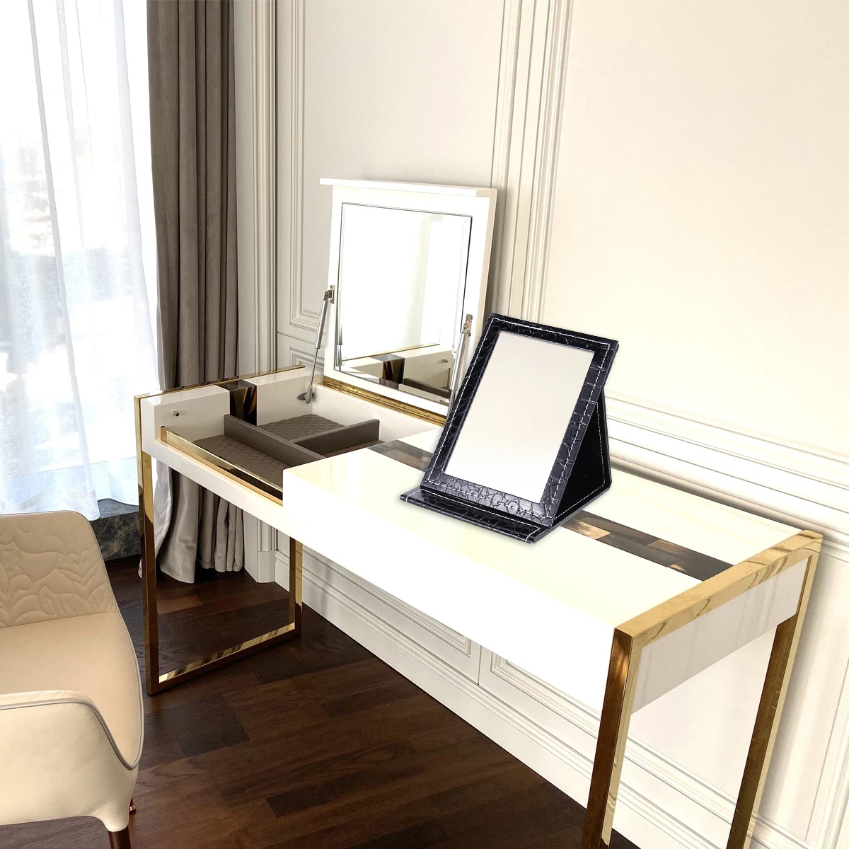 Desktop Makeup Mirror L Size Black PU Portable Foldable Lighted Glass for Clear Daily Travel Use