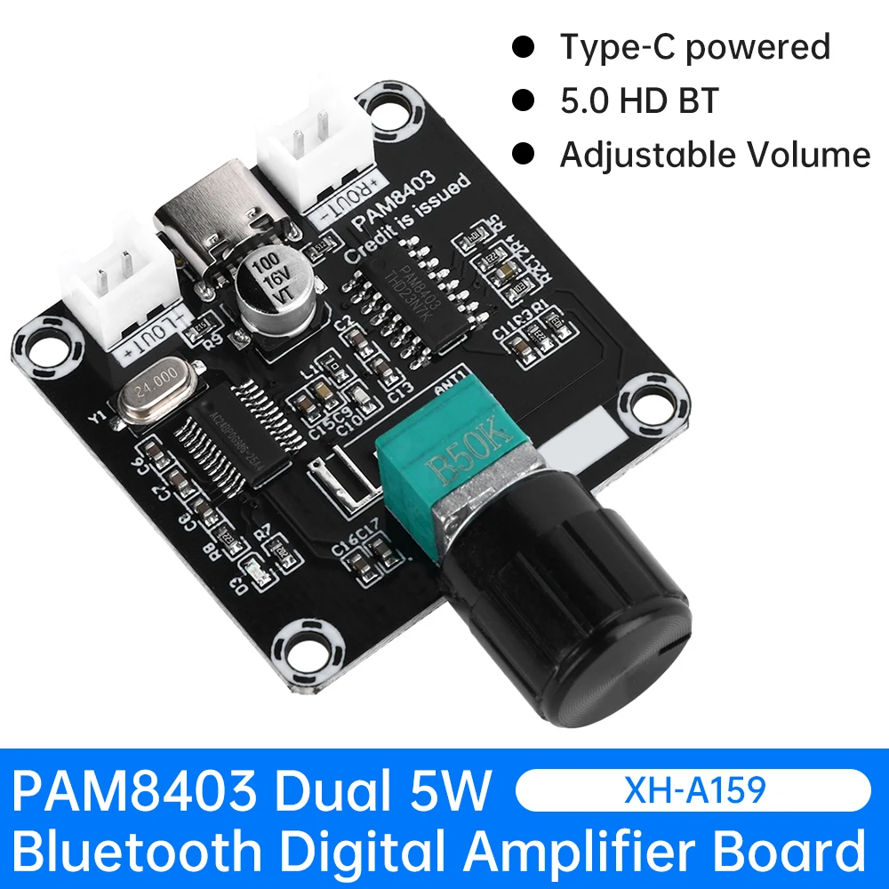 DC 5V XH-A159 Mini PAM8403 Bluetooth Digital Amplifier Board 5W+5W with Adjustable Volume Amplifier Module Type-C Interface