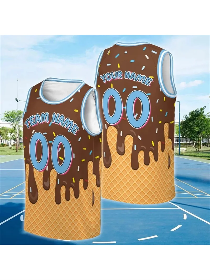 Custom Name Ice Cream Cone Basketball Jersey Men Colorful Drip Print Sleeveless Vest Personalized Team Uniform For Kids Adults
