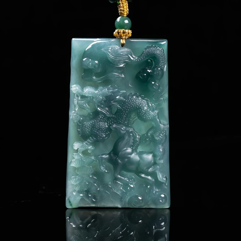 

Natural Oil Green Jade Carved Domineering Dragon and Horse Brand Necklace Pendant Ice Species Men Women Couple Safety Amulet