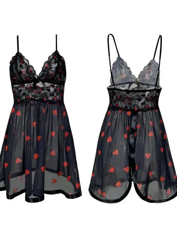 Black Sheer Lace Dress With Heart Print Deep V Mesh Transparent Backless Suspenders Sleeveless Dress Pure Desire Charming 61KU