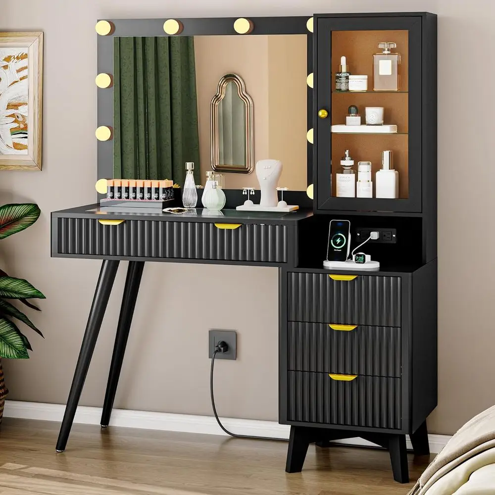 

45 Glass Vanity Desk with Mirror, Lights, 5 Drawers, Power Outlet & Storage Cabinet, RGB Ambient Light Makeup Table for Women