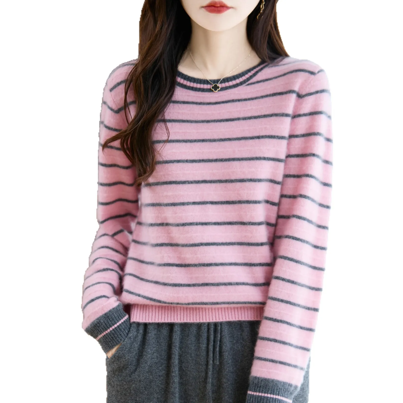

Women Sweater Striped 100% Wool Long Sleeve Autumn Winter Warm O-neck Knitted Pullovers Soft Warm Bottoming Shirts Korean Jumper
