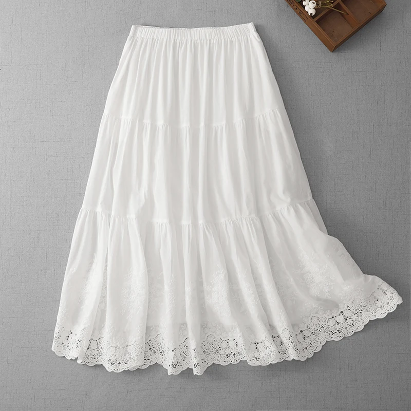 New Heavy Embroidery Hollow out Hook Flower Half Skirt Summer Thin Cotton Linen Casual White Elastic Waist A-Line Skirt