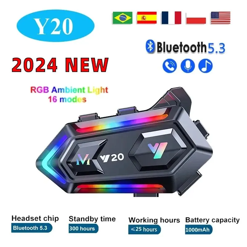 Y20 Motorcycle Helmet Bluetooth Headset Rider BT5.3 RGB Colorful Lights Waterproof 1000mAh Music Player Communicator Speakers