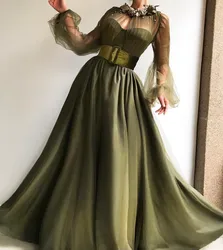 Olive Green Satin Long Prom Dresses 2020 Illusion Formal Party Robe De Soiree Long Sheer Sleeves Beading Vestidos Evening Gowns