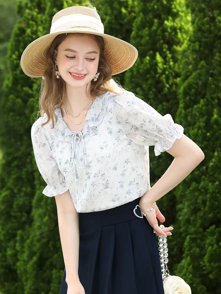 I BELIEVE YOU Blouse for Womens Floral Lace-up Puff Sleeved Chiffon 2023 Summer Tops New Loose Shirts Female Clothing 2232205050