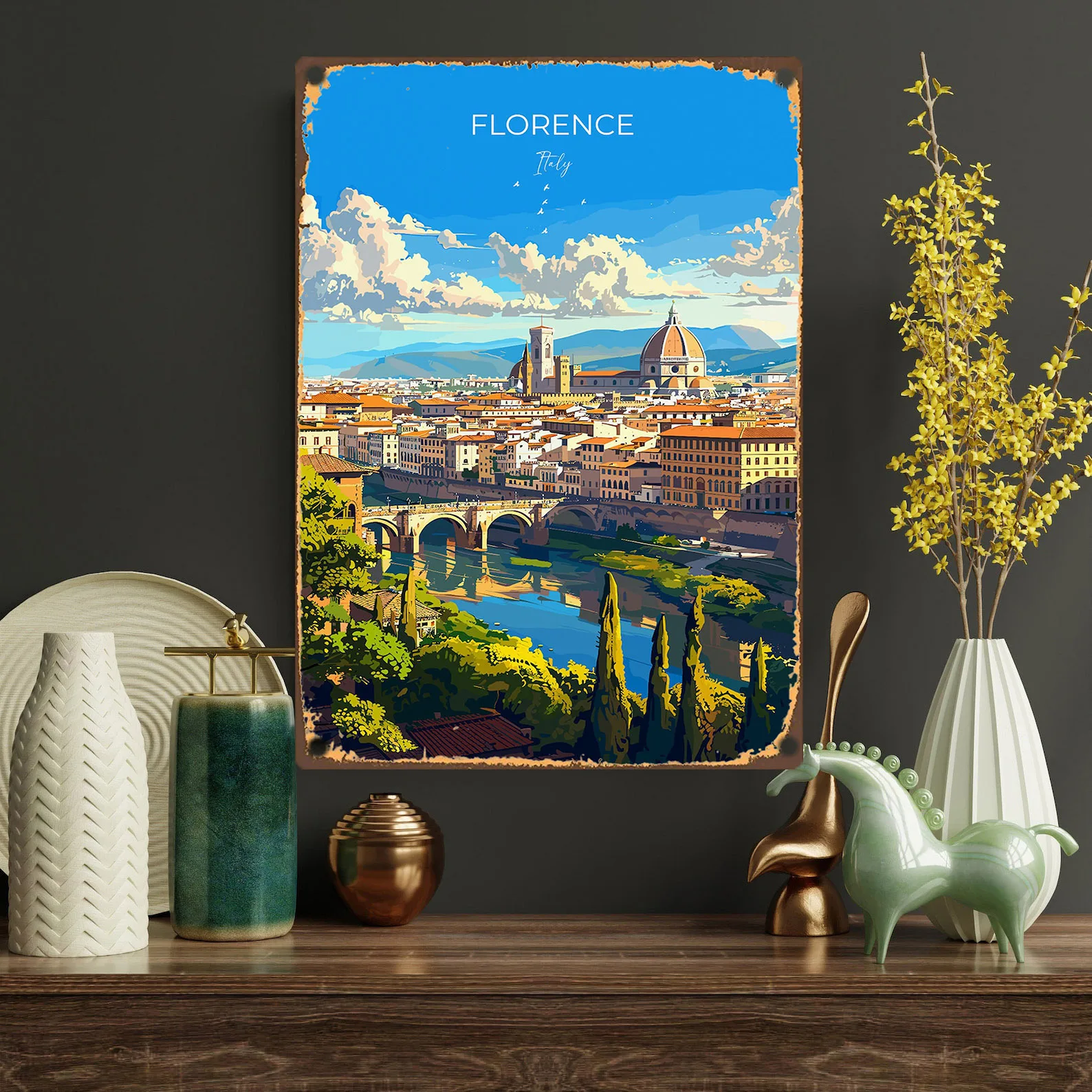 Vintage Florence, Italy-Inspired Metal Tin Sign - Rustic Wall Art for Home,Office Decor, Classic Iron Craftsmanship