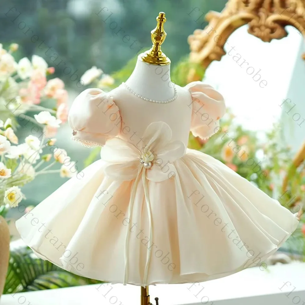 Customized Flower Girl Dress A Line Short Round Neck Puff Sleeve Satin Pearl Flower Applique Wedding Kids Party Princess Gown