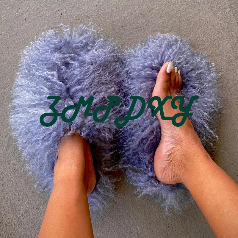 New Fluffy Long Hair Slippers Pink Sheep Fur Slippers Winter Women Plush Flat Shoes Outdoor Indoor Slippers Mongolian Fur Slides