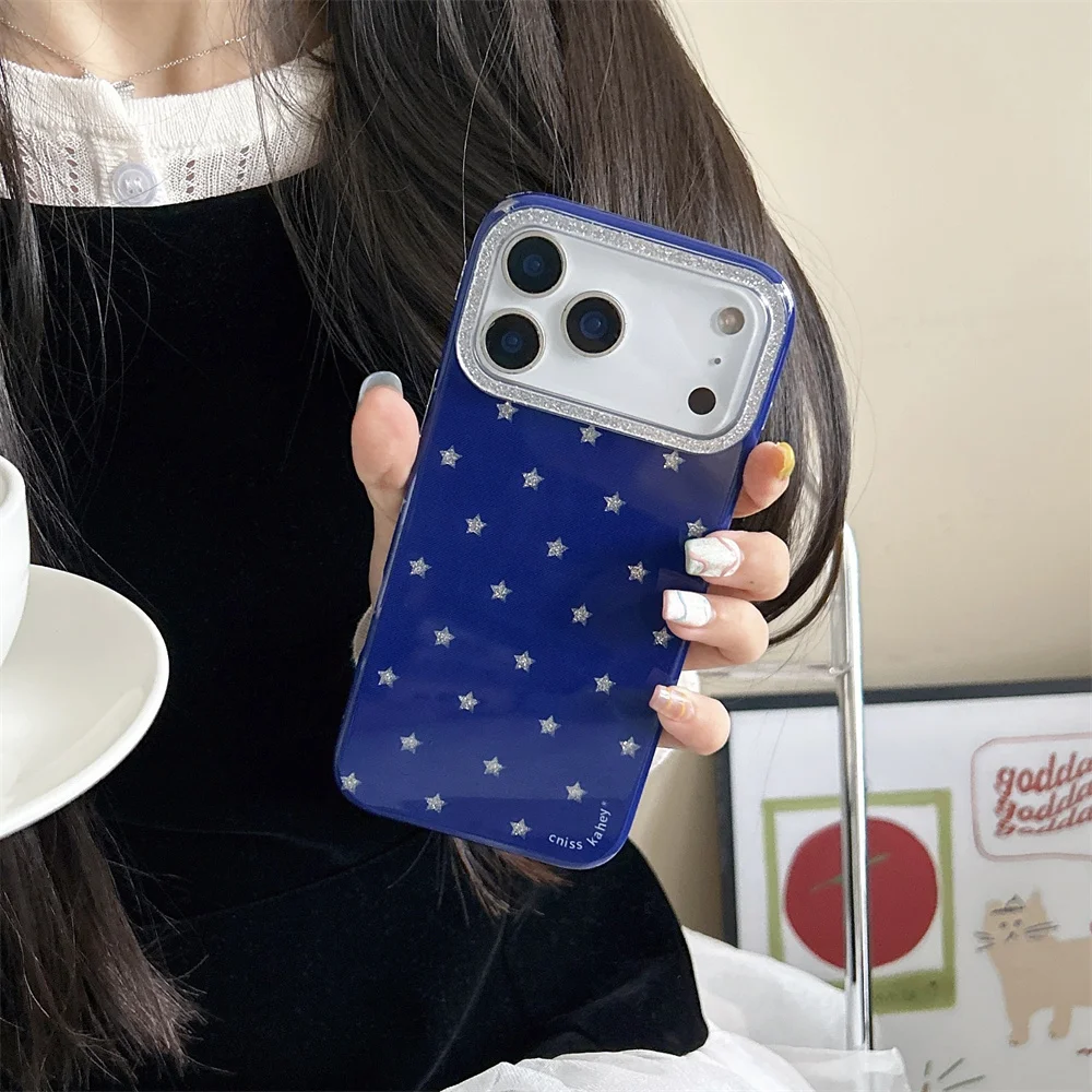

Korean INS Glitter Star Blue Phone Case for iPhone 16 Pro 14 Pro Max 15 17 Cover Cute Fundas Protective Cases For Apple 17 pro