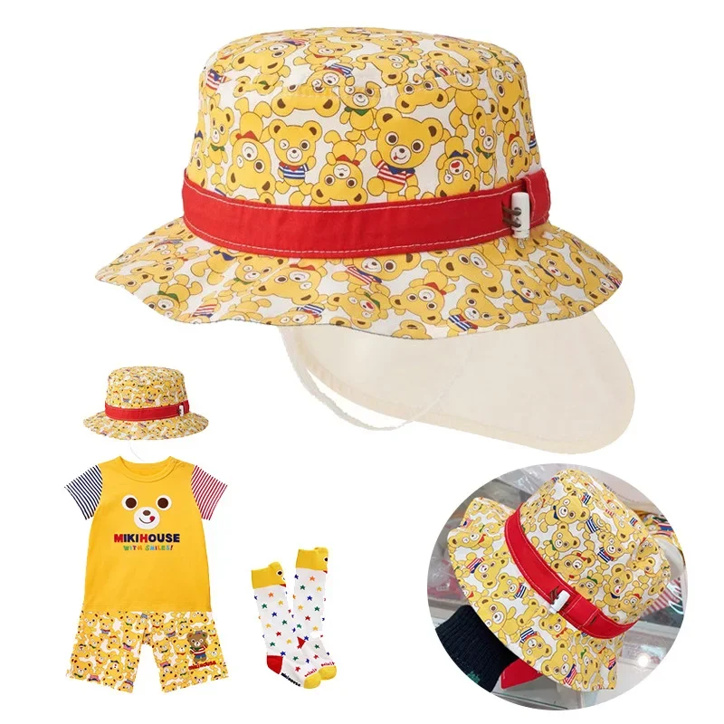 Spot Fisherman Hat 2022 Japanese Boys And Girls Cartoon Yellow Bear Full Print Fisherman Hat Sunshade Children's Pot Hat