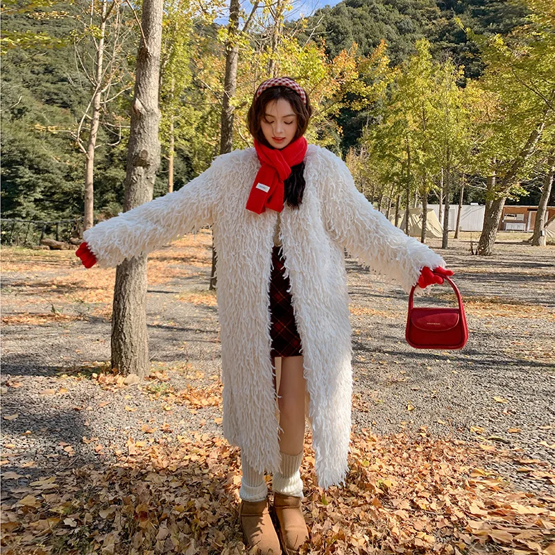 

Faux Fur Long Coat With Hood Coats Womens High-Quality Crystal Autumn Young Fashion Fancy Overcoats Jacket Letter Gradient Puff