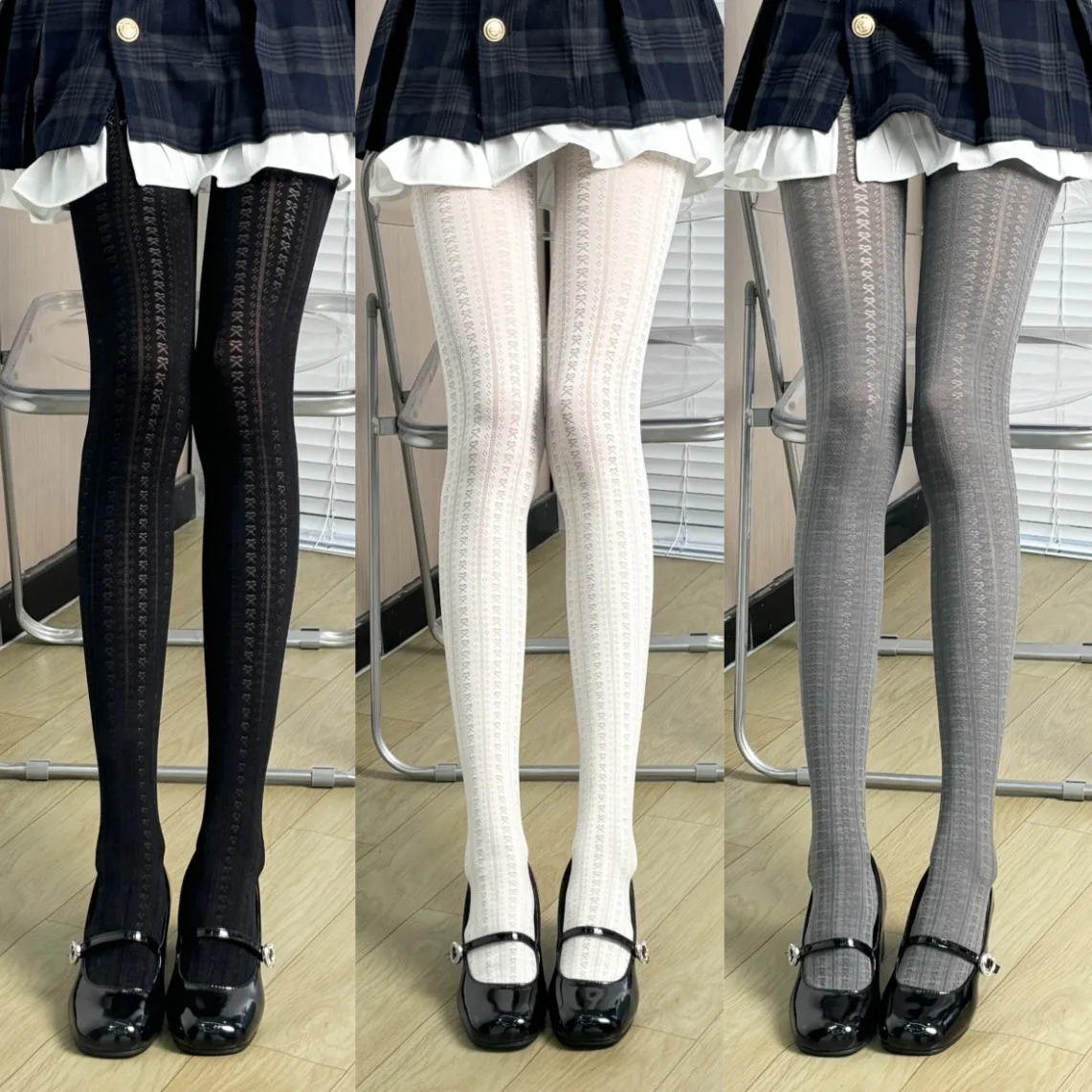 

Cute Style Little Bow Jacquard Women Vertical Striped Pantyhose Autumn Velvet Lolita Spice Sexy Hollow Out Dense Mesh Tights