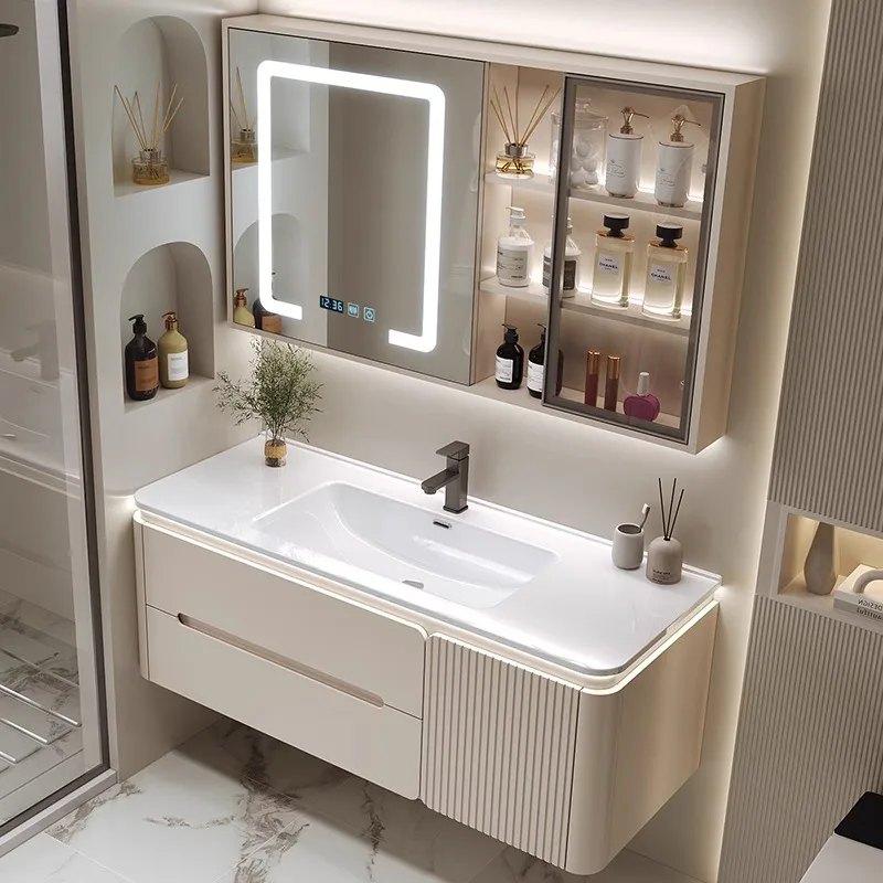 

Internet celebrity ceramic integrated basin cream wind bathroom cabinet combination oak paint washstand bathroom sink wash face