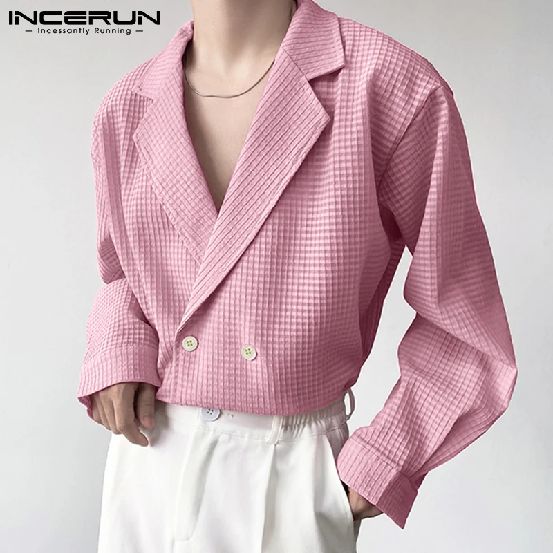 INCERUN 2024 Men Blazer Korean Style Solid Color Lapel Long Sleeve Button Male Suits Streetwear Fashion Casual Men Thin Jackets