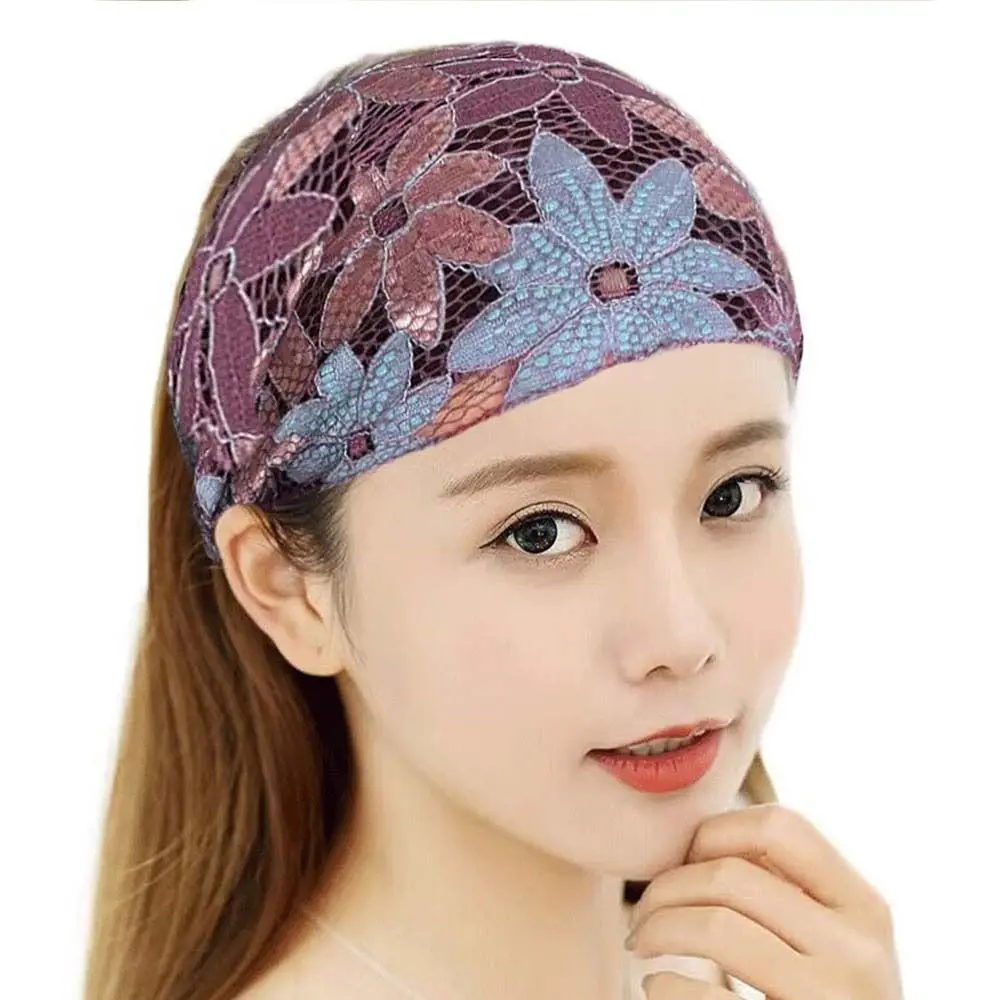 Personality Non Slip Mesh Flower Headband Hair Hoop Lightweight Lace Hairbands Elastic Headwear Wide Side Head Wrap Female/Girls