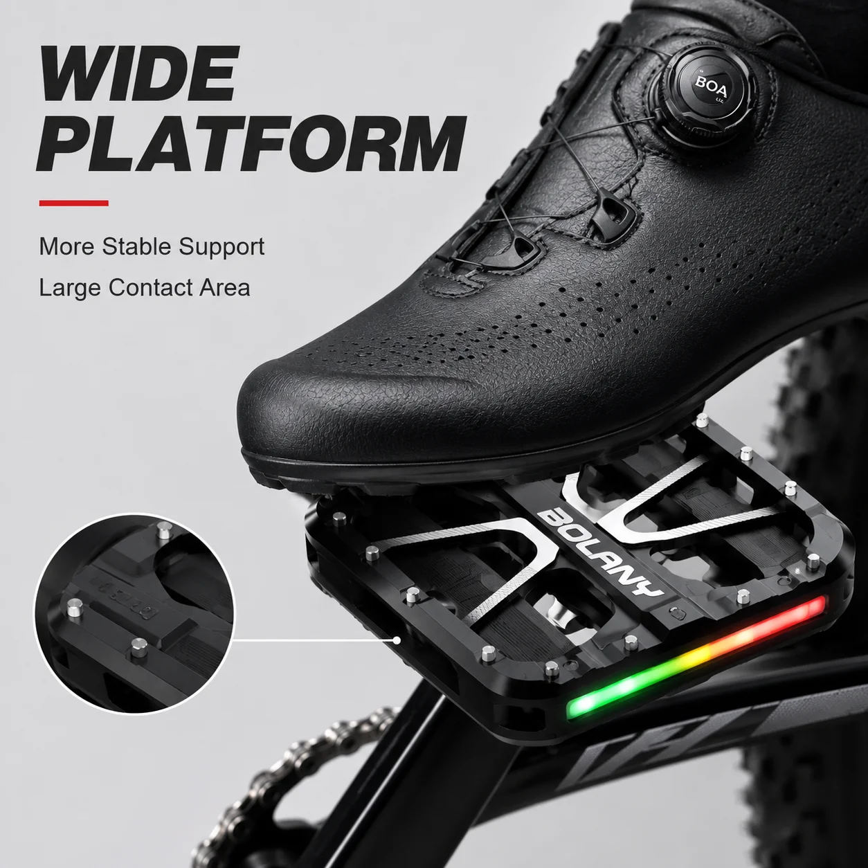BOLANY 3-Bearing LED Bike Pedals Aluminum Alloy Wide Platform Anti-Slip Type-C Rechargeable Warning Light for MTB Road Bicycle