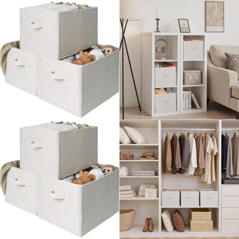 

Extra Large Beige Striped Foldable Shelf Bins, 3-Pack, Ideal for Closet Clothes Storage and Organization