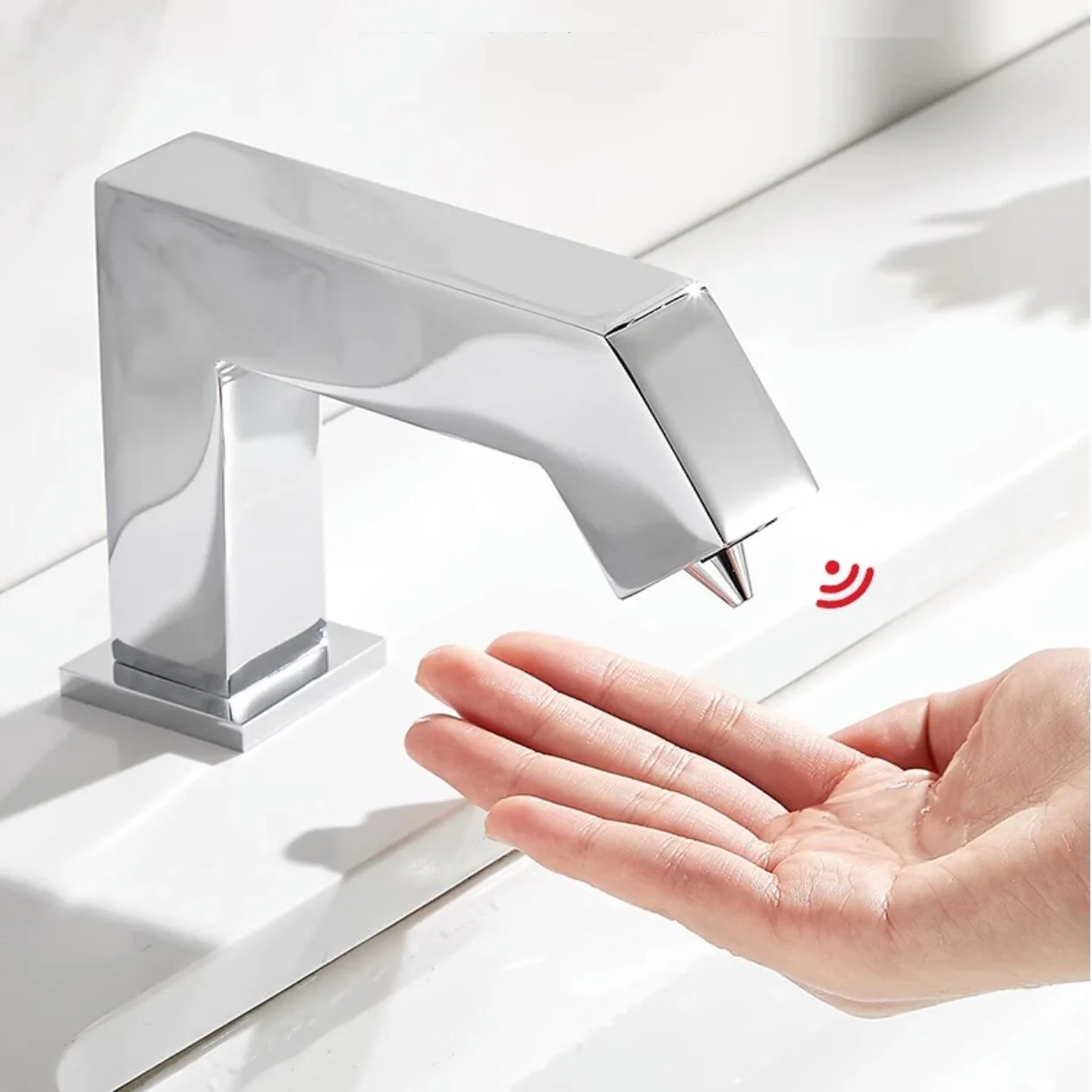 

Custom Made Deck Mounted Faucet Type Automatic Sensor Soap Dispenser Square Brass Chorme Plated Touch-free Sensor Soap Dispenser