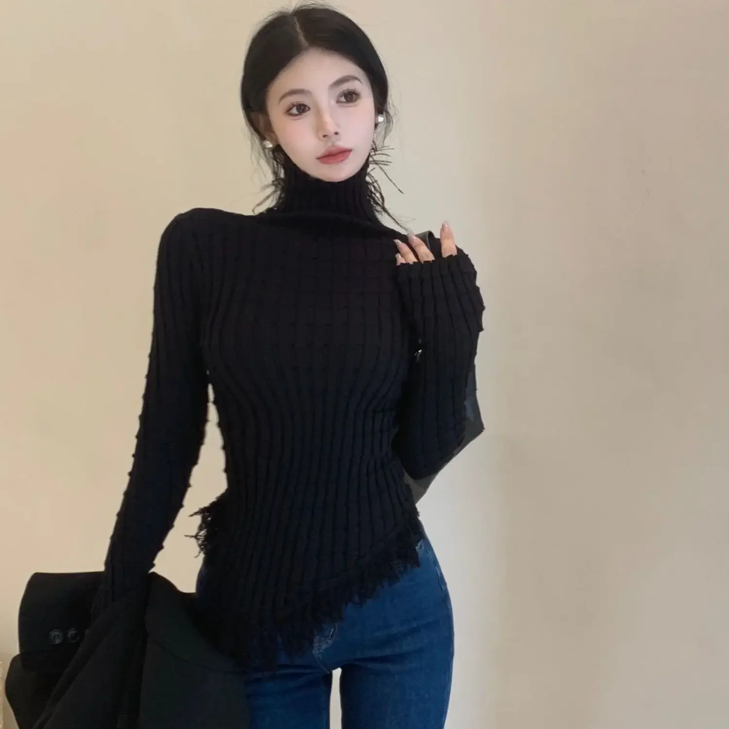 Gagaok Irregular Tassel High Neck Knitted Sweater Women Autumn Winter Temperament Slim Long Sleeve Top Gentle Base Pull Femme