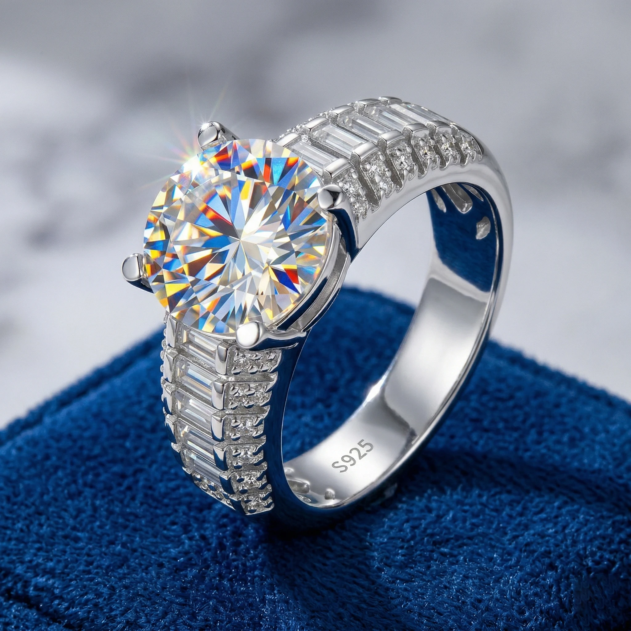 

5 Carat Round Moissanite Ring, 925 Sterling Silver, D Color VVS1, 4 Prong Setting with Baguette Side Stones, Certificate Quality