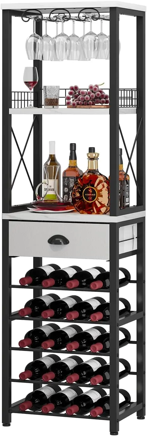 

Отдельно стоящий 4-уровневый барный шкаф с столешницей, держателем для стаканов, выдвижным ящиком для хранения алкоголя и бокалов - решение для хранения в домашнем баре