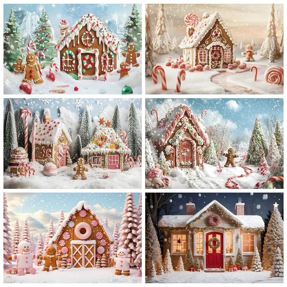 Christmas Gingerbread Man House Backdrop Candy Cane Winter Snow Pine Tree Baby Kids Portrait Photography Background Decor Banner