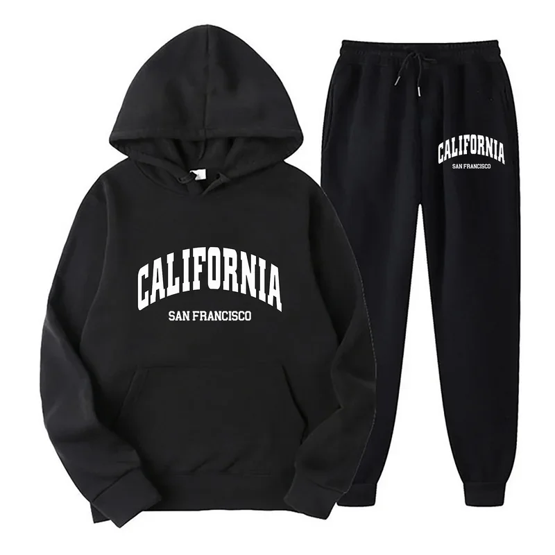 New California Print Herren Trainings anzug Sets Herbst Kapuze Sweatshirt Kordel zug Hosen männliche Sport Hoodies Laufen Sportswear Hoodie