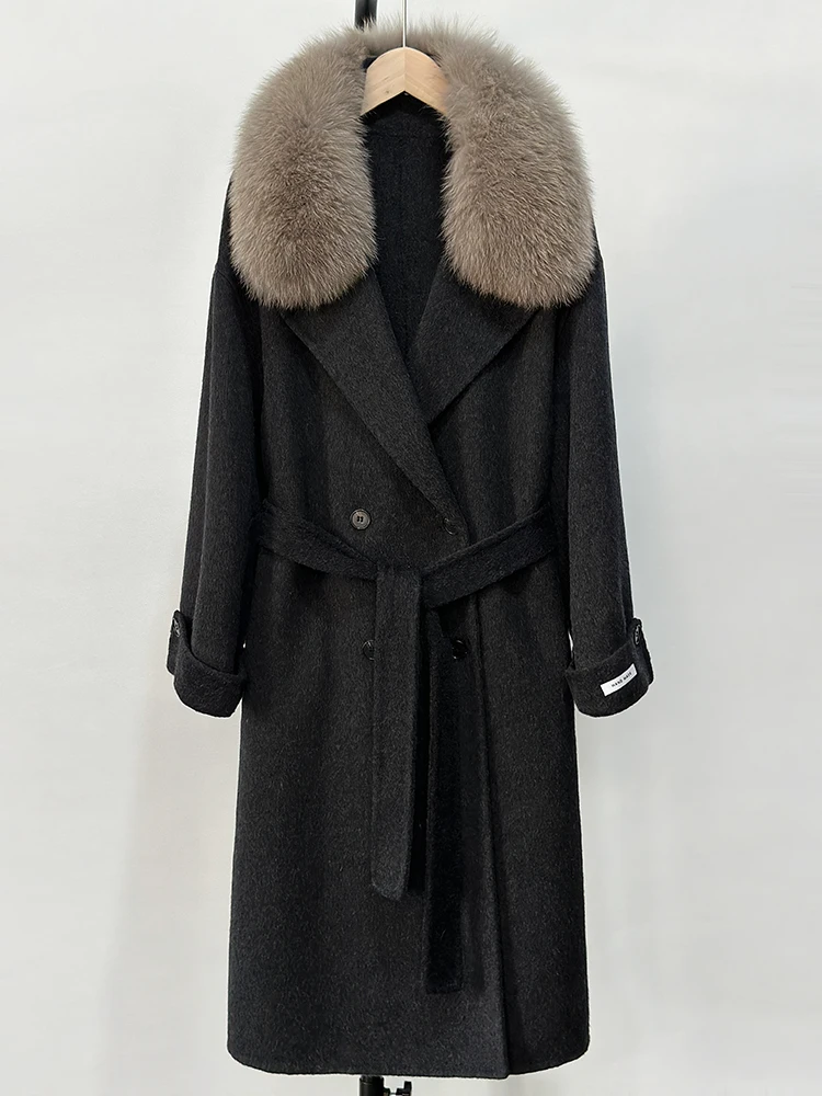 Jaket Bulu Rubah Asli Ukuran Besar untuk Wanita Musim Dingin 2025, Mantel Kasmir Campuran Wol Panjang dengan Sabuk, Pakaian Hangat Wanita untuk Gaya Jalanan