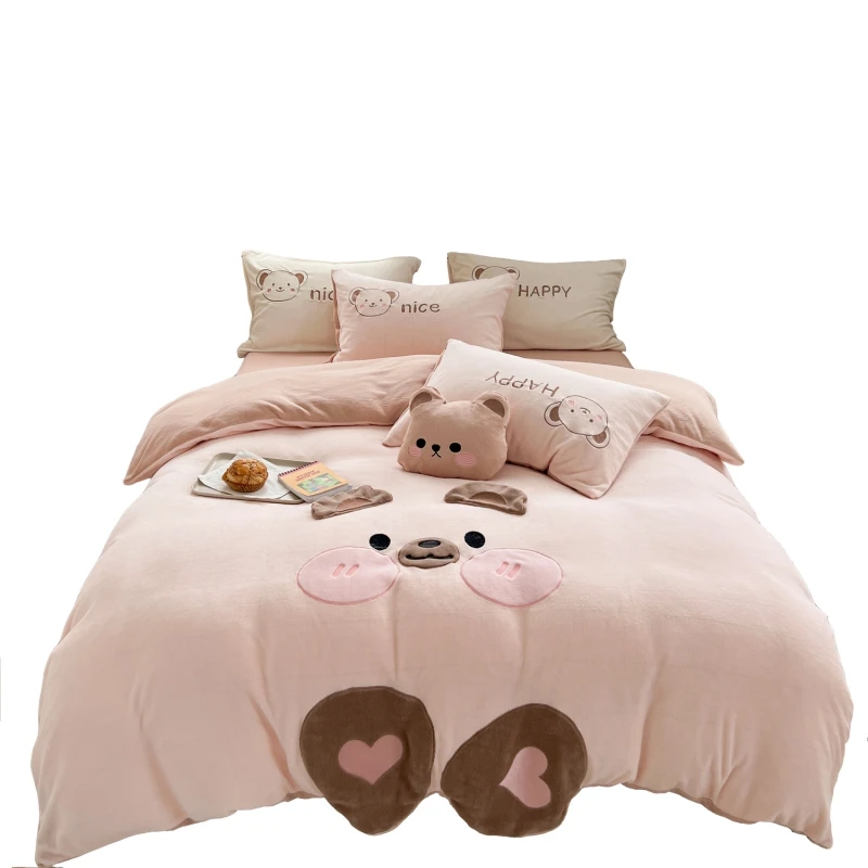 Cute Cartoon Bear Soft Comfortable Velvet Fleece Towel Embroidery Bedding Set Duvet Cover Linen Fitted Sheet Pillowcases