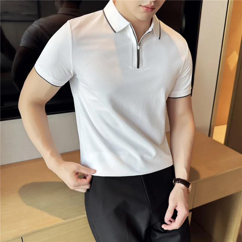 Summer Fashion Color Blocking Half Zip Polo Shirt for Men Short Sleeved Lapel T-shirt Casual Business Polo Tee Tops White Black