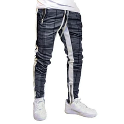 Mens Training Pants Plaid GYM Track Sweatpants Grey Joggers Breathable Stripe Fitness Male Running Sport Trousers Zipper Pockets
