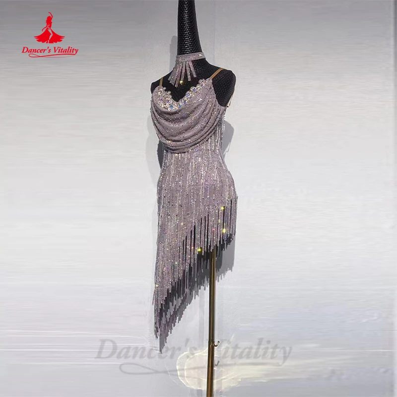 Latin Dance Competition Dress for Women Customsized Floral Clothing New Female Crystal Adult High-end Tassel Skirt Latin Dresses