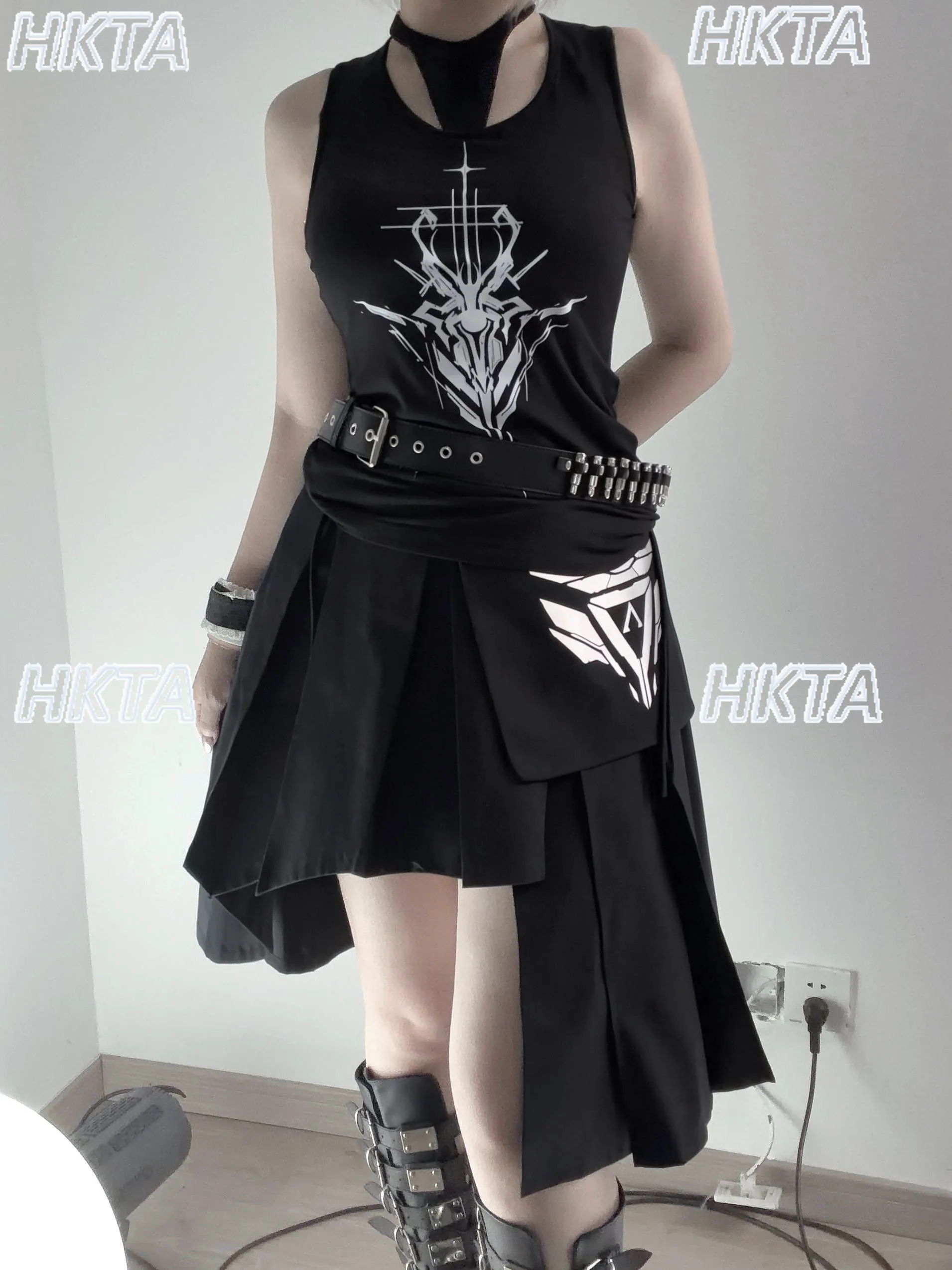 Japanese Summer Subculture Y2k Vest Cool Print Crew Neck Slim Vest Dark Goth Personality Locomotive High Street Black Top Women