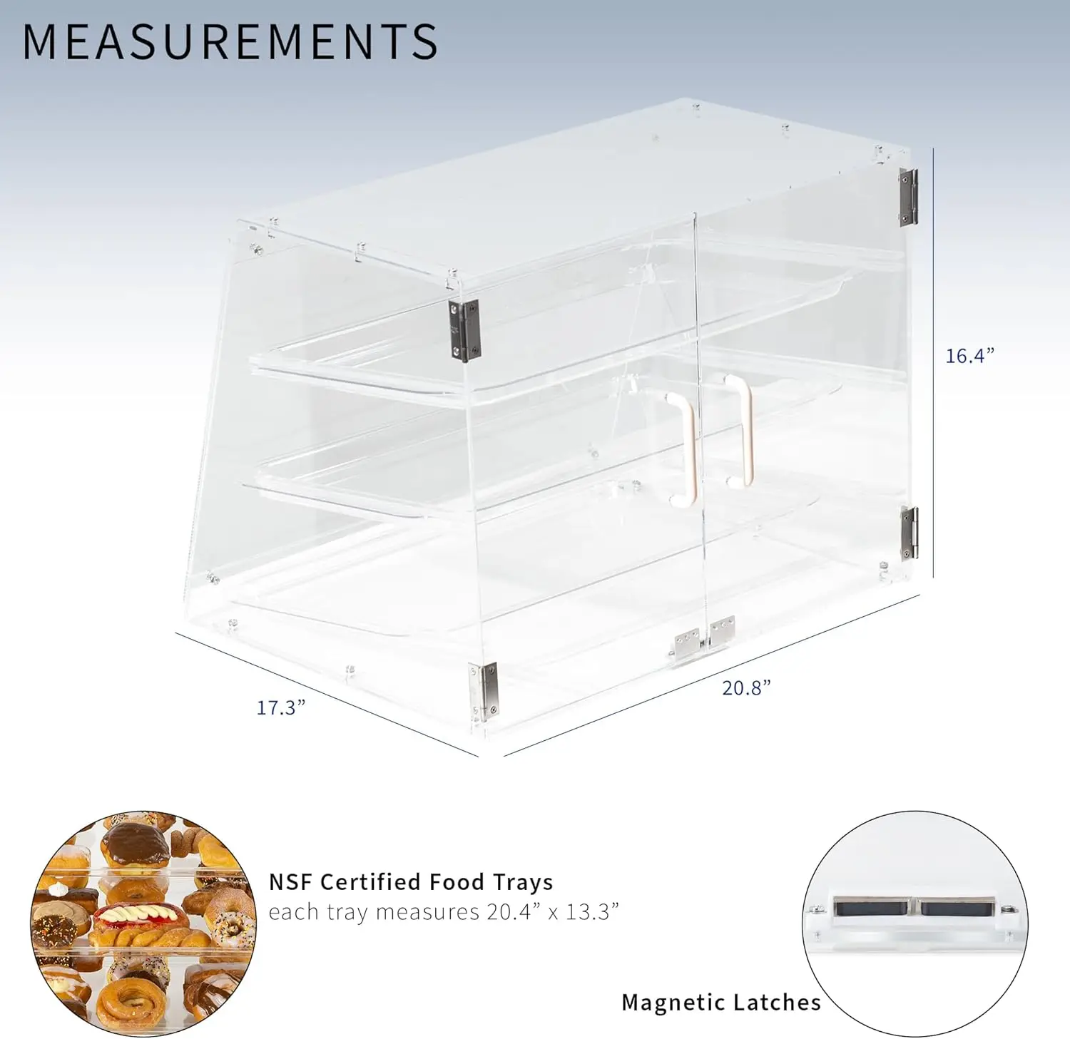 3 Tray Acrylic Display Case, 21 x 17 x 16 inch, 3 Tier Commercial Countertop Pastry Display with Rear Door Access and Remov