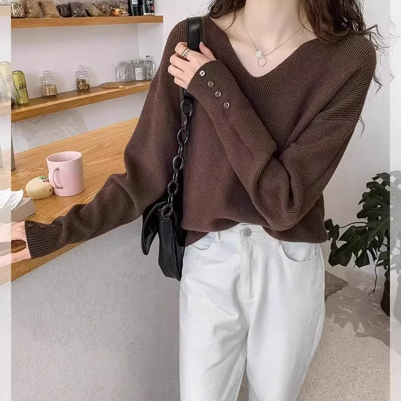 Loose V-Neck Long Sleeve Knitted Sweater Women's Top Casual Versatile Autumn Winter Fashion Early Fall New Style Hooded Knitwear
