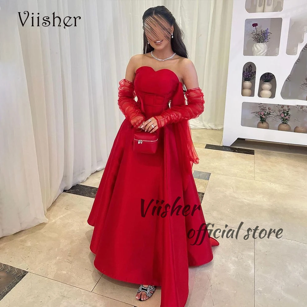 

Viisher Red Mermaid Evening Dresses for Women Sweetheart Satin Arabian Dubai Wedding Party Dress with Train Long Formal Gowns